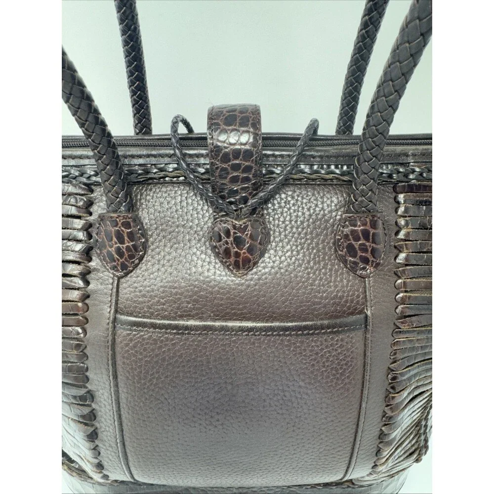 Brighton Brown Pebbled Leather Shoulder Bag w/2 Braided Handles Heart Closure